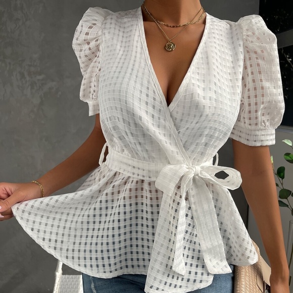 Bohemian White Puff Sleeve Peplum Top - Picture 5 of 5